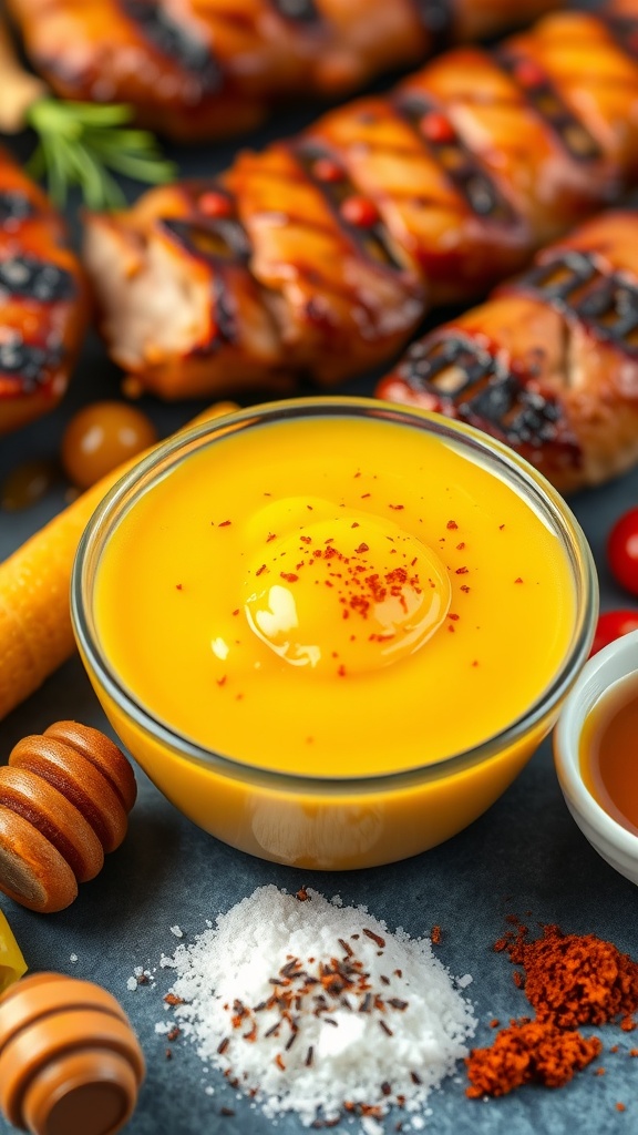 Savory Gold Fever Sauce Recipe Bowl of creamy Gold Fever Sauce with honey and mustard, garnished with spices, alongside grilled dishes.